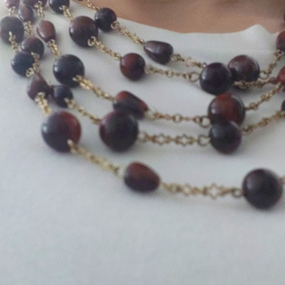 SALE: Gold-Colored Five Chain Necklace with Small Dark Brown Beads - Picture 2 of 10